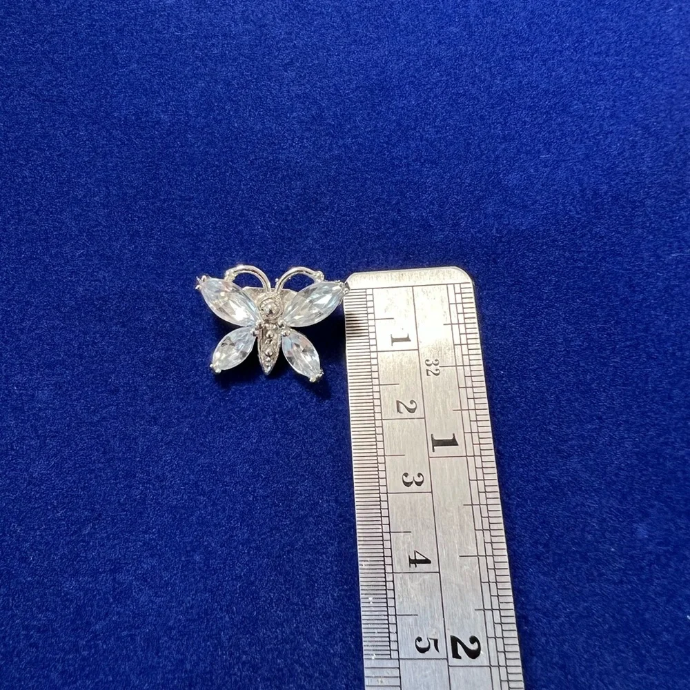 Vintage Butterfly Brooch Clear Glass Gemstone Pin SilverTone Moth Pin Estate